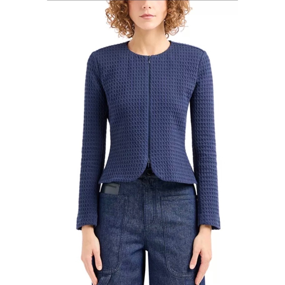 Emporio Armani Zip-up Crewneck Jacket Womens 44 Navy Blue Textured Waffle Knit